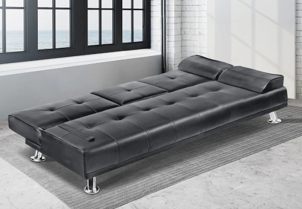 Three-Seater Convertible PU Leather Sofa Bed with Cup Holders - Two Colours Available