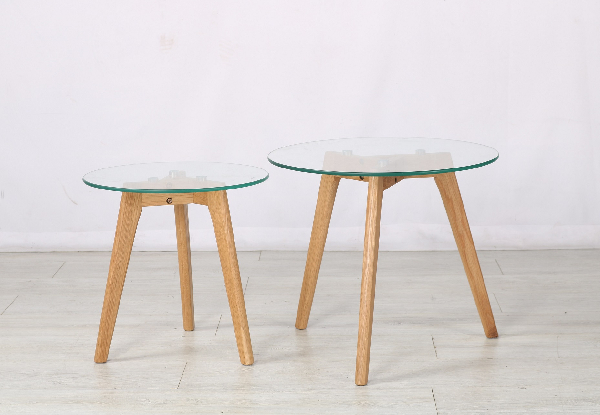 Two-Piece Paris Glass Side Table Set with Solid Oak Legs