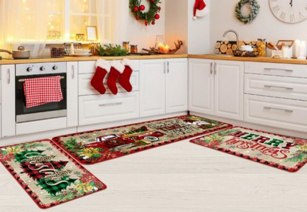 Three-Piece Christmas Washable Non-Slip Kitchen Mat Set - Four Styles Available