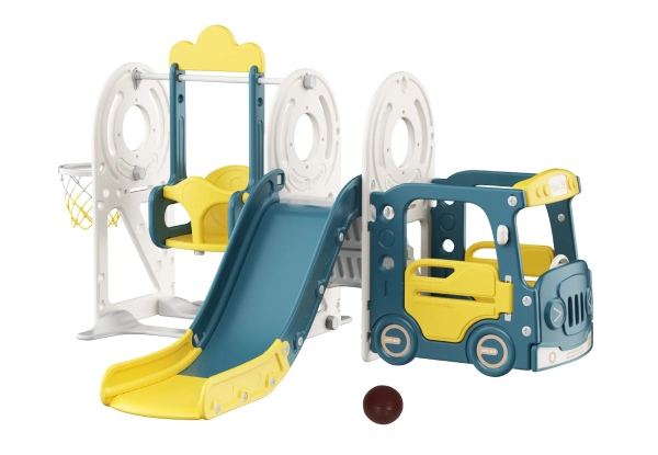 Five-in-One Kids Slide Swing Set with Bus Playhouse - Three Colours Available