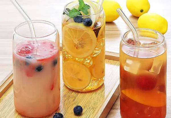 Two-Pack Drinking Glass with Bamboo Lid & Straw Set - Option for Six-Pack