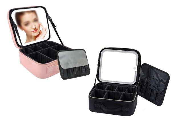 Makeup Organiser Bag with Mirror & LED Light - Two Colours & Two-Pack Available