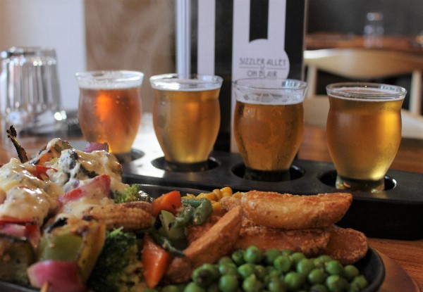 Craft Beer Tasting Paddles & Pizza or Sizzler Platter for Two People - Options for up to Eight People - Valid for Takeaway