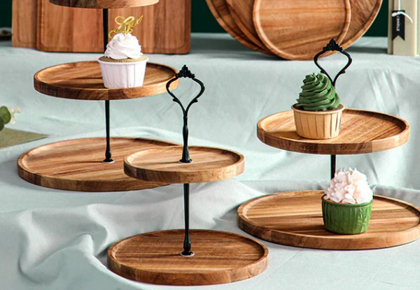 Soga Two-Tier Brown Round Wooden Dessert Tray