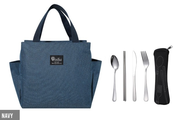 Portable Thermal Cooler Lunch Box Bag with Cutlery Set - Four Colours Available