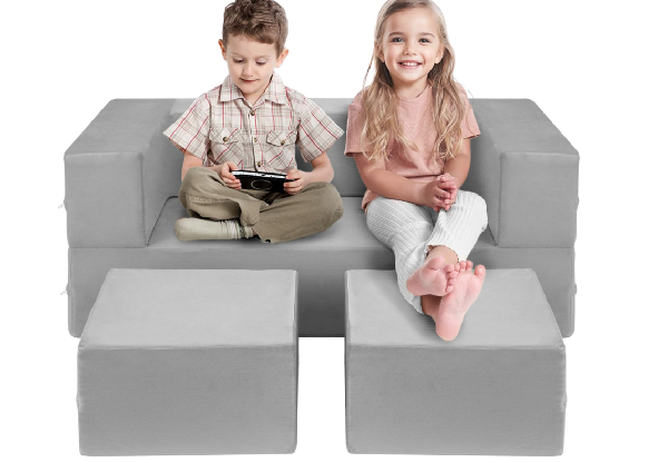 Three-Piece Grey Convertible & Modular Kid's Sofa Set