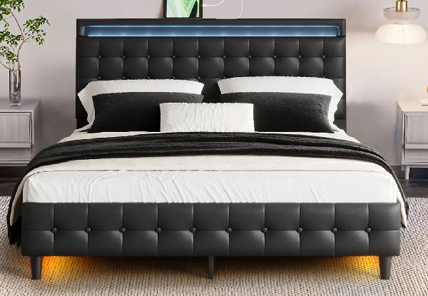 Upholstered Bed Frame with LED & Headboard - Available in Two Sizes