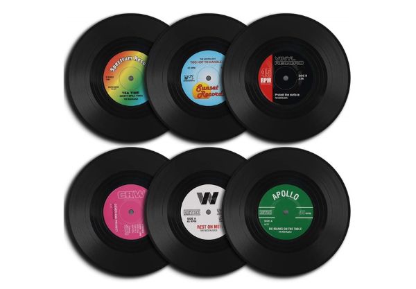 Six-Piece Colourful Retro Vinyl Record Disk Coaster Set