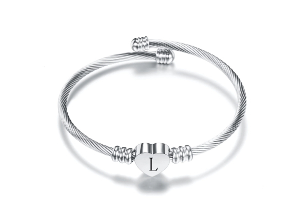 Stainless Steel Cable Heart Initial Bracelet - Two Colours Available