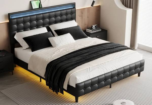 Upholstered Bed Frame with LED & Headboard - Available in Two Sizes