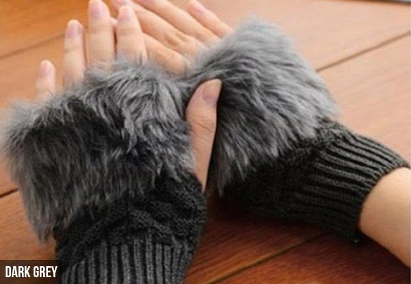 Pair of Knitted Faux Fur Fingerless Gloves - Five Colours Available
