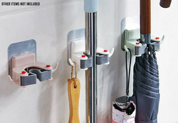 Two-Pack of Drill-Free Mop Wall Holders with Hooks - Four Colours Available & Option for  Four-Pack