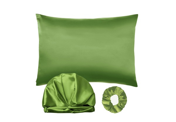 Three-Piece Sleeping Bonnet Hair Scrunchy Satin Set Incl. Pillowcase - Four Colours Available