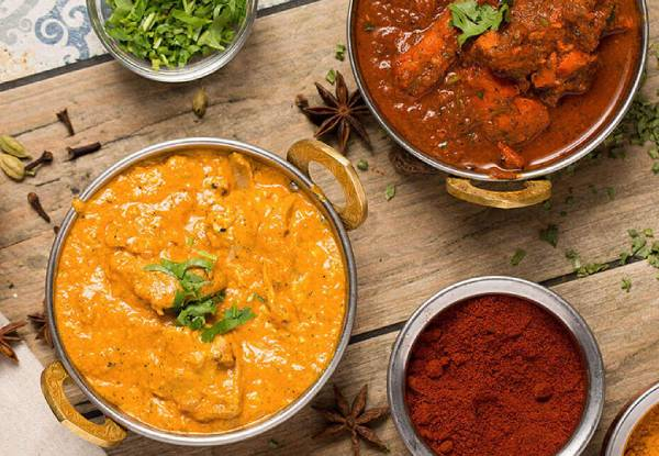 Three-Course Lunch Banquet for Two incl.  Onion Bhajis, Two Chicken or Lamb Curries, Plain Rice, Two Garlic or Plain Naans & Two Tap Beers - Available at Five Locations