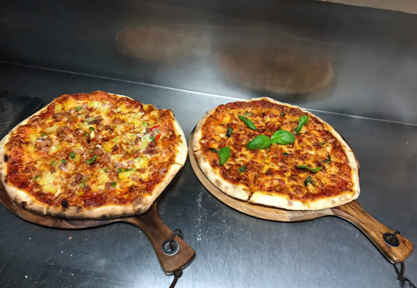 Two Takeaway 12-inch NYC Style Wood Fire Pizzas & Two Cans of Soft Drink - Option for Four Pizzas & Four Cans Available