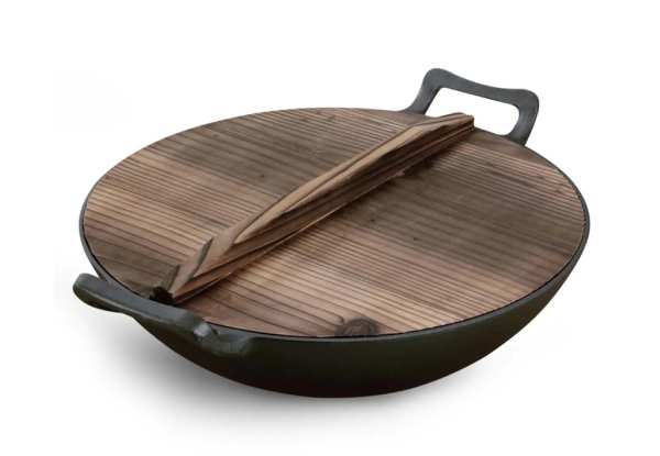 SOGA 36cm Commercial Cast Iron Wok Fry Pan with Wooden Lid