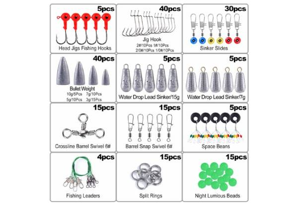 230-Piece Fishing Accessories Kit incl. Jig Hooks, Bullet Bass Casting Sinker Weights, Fishing Swivels Snaps, Sinker Slides, Fishing Set with Tackle Box