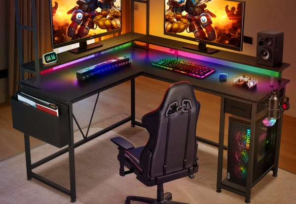 L-Shaped Gaming Desk with LED Lights & Storage