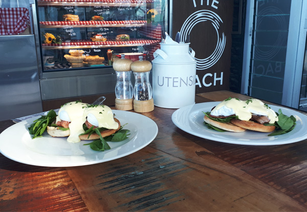 Two Eggs Benedicts with Bacon or Salmon at The Bach Cafe