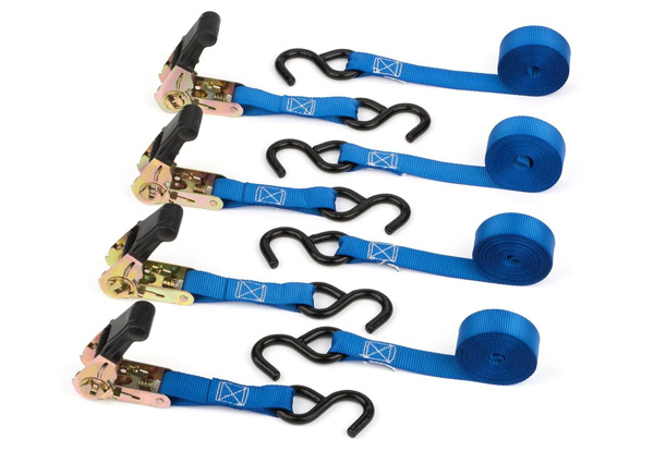 Four-Pack of Ratchet Tie Down S-Hook Cargo Straps